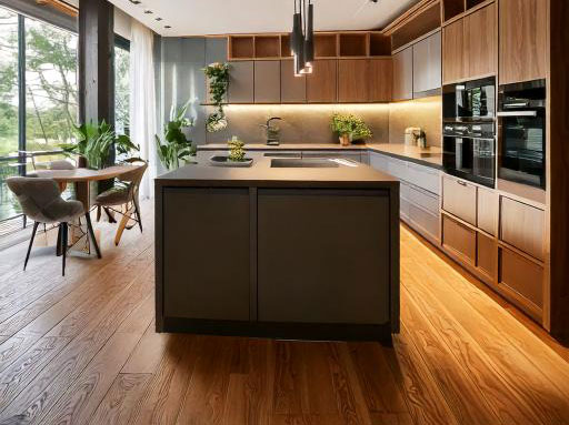 beautiful modern kitchen with a wooden floor